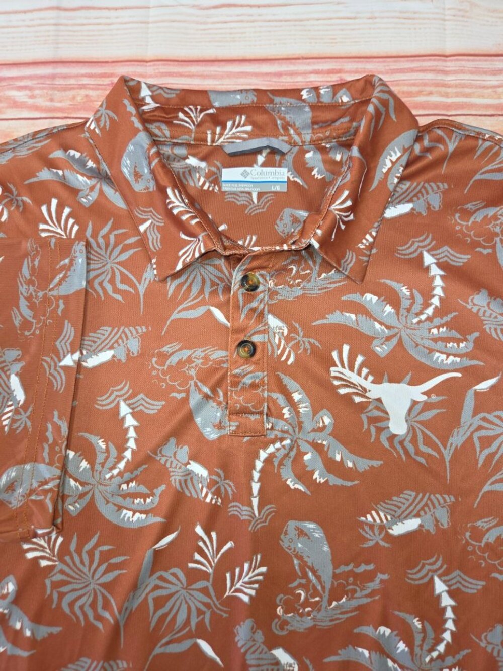Texas Longhorns Columbia PFG Mens Hawaiian Polo Large NWT Palm Print - Picture 4 of 11